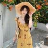Seaside vacation style temperament waist beautiful long dress women's summer new French coffee break yellow floral dress