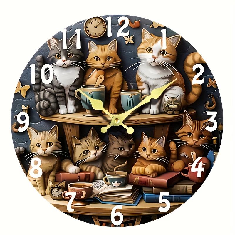 

[ Silent Cat Clock] Silent Quartz Wall Clock with Wooden Fiber | Whimsical Cat Design, Charming Illustration of Cats with Teacu (as the picture,10x10 inch)