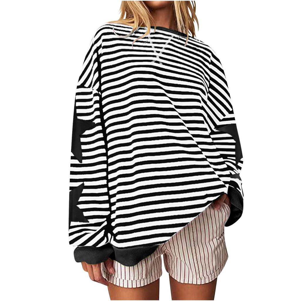 Women's Fashion Striped Star Print Round Neck Long Sleeved Pullover Color Blocked Pullover Sweatshirt Top