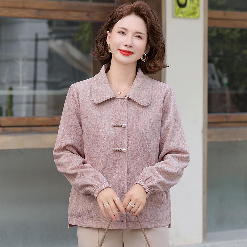 

2025 Spring Autumn Turn-Down Collar Jacket for Middle-Aged & Elderly Women – New Chinese National Style Fashion 2XL (110-125 jin) рожевий