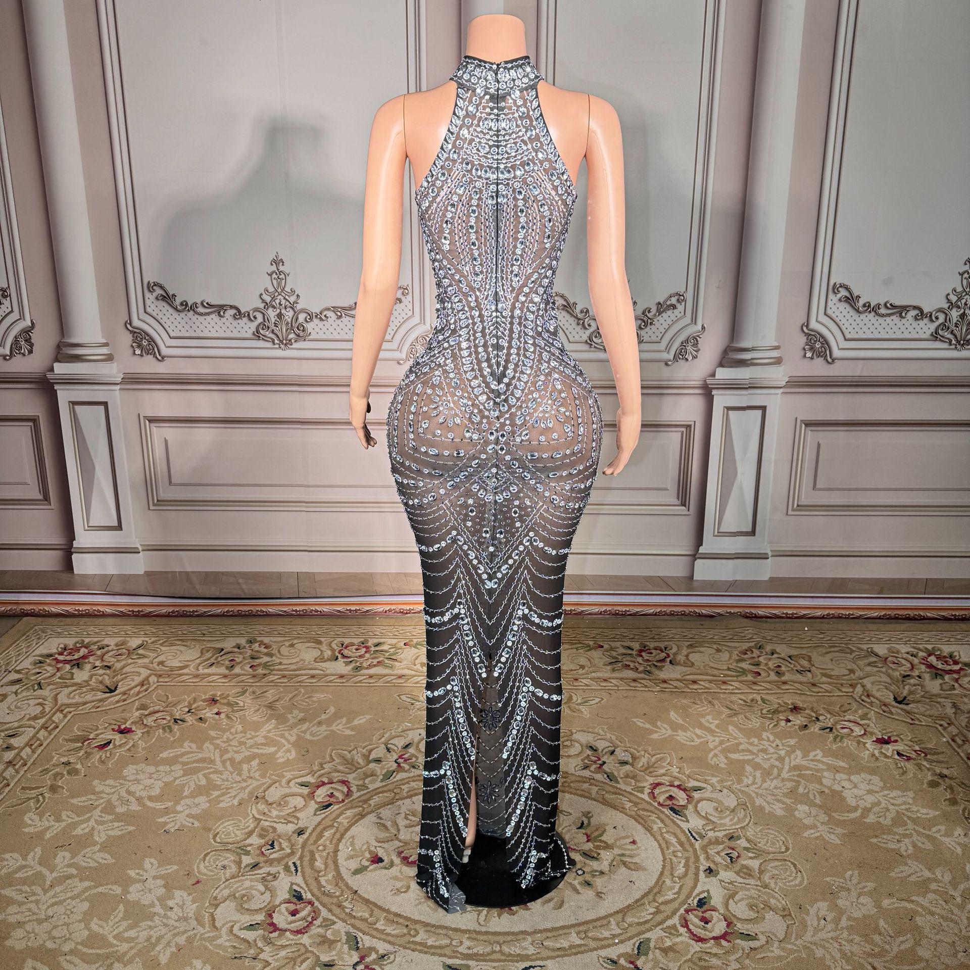 Luxury Rhinestone Halter Neck Evening Gown for Female Performers Large чёрный
