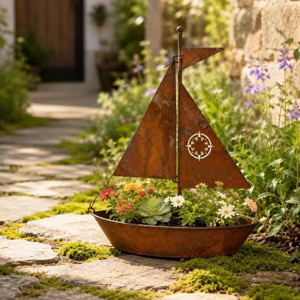 Rustic Sailboat Metal Planter,Metal Sailboat Garden Stake, Rustic Iron Yard Art, Vintage Nautical Theme Ideal for Garden, Patio, Outdoor Home Decor
