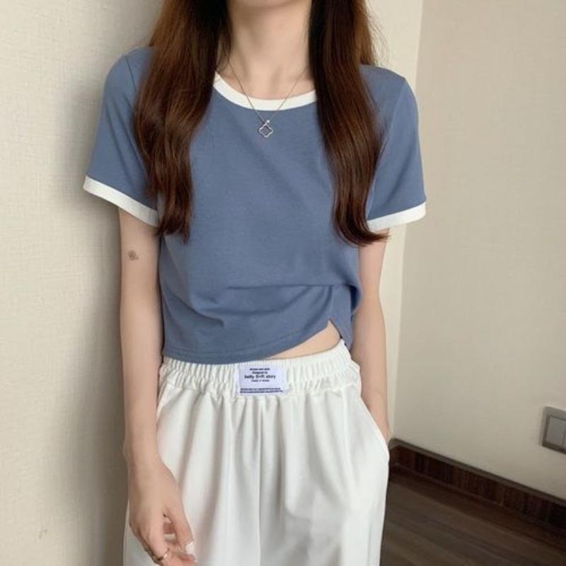 Contrasting Color Round Neck Short-sleeved T-shirt Women's New Summer Bottoming Shirt Korean Version Slim-fit Short Student Top