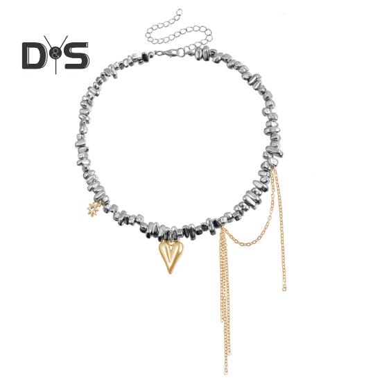 Irregular Stone Choker for Women Silver Tassel Heart Pendant Necklace Wedding Jewelry Gift for Wife Girlfriend On Valentine's Day Birthday Anniversary