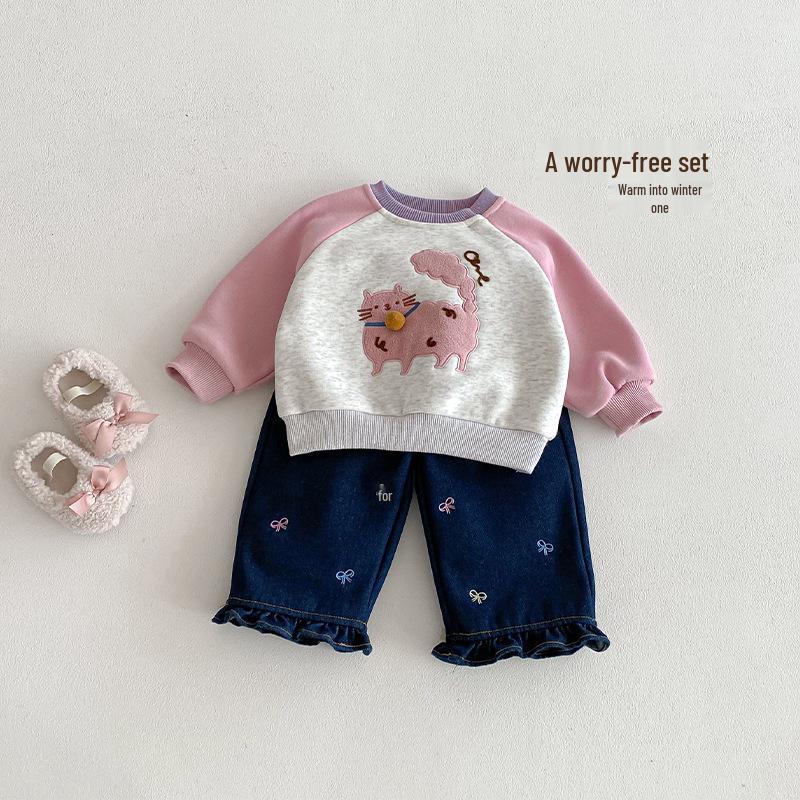 Girls' Winter Fleece-Lined Jeans with Bow and Lace Design