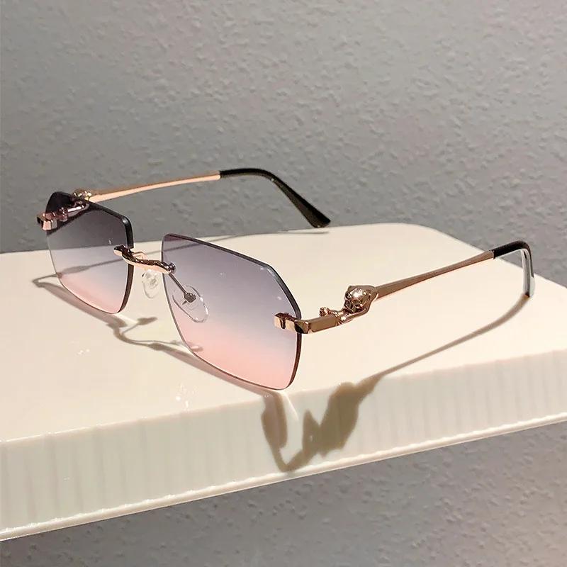 

Vintage Fashion Rimless Irregular Sunglasses Women For Men Luxury Brand Designer Steampunk Sun Glasses Metal Leopard Shade UV400