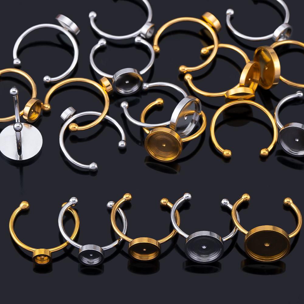 10pcs Adjustable Open Finger Ring Setting Stainless Steel 4mm 8mm 12mm Round Blank Ring Base Bezel Cabochon DIY Jewelry Making
