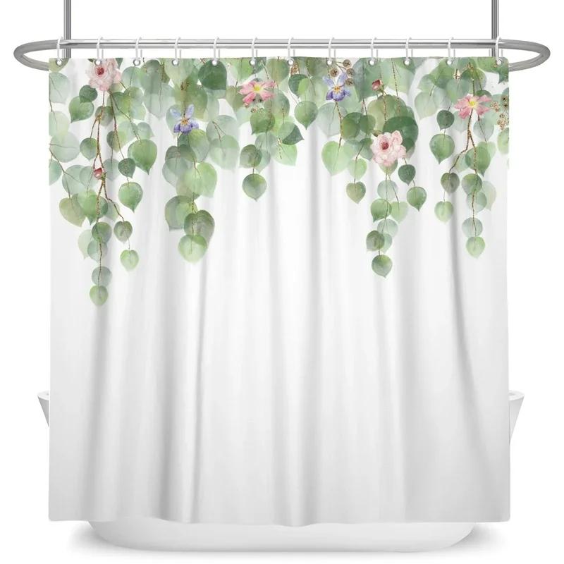Green Eucalyptus Leaves Shower Curtains Watercolor Floral Waterproof Morden Bathroom Bathtub Curtain Room Decor With Hooks