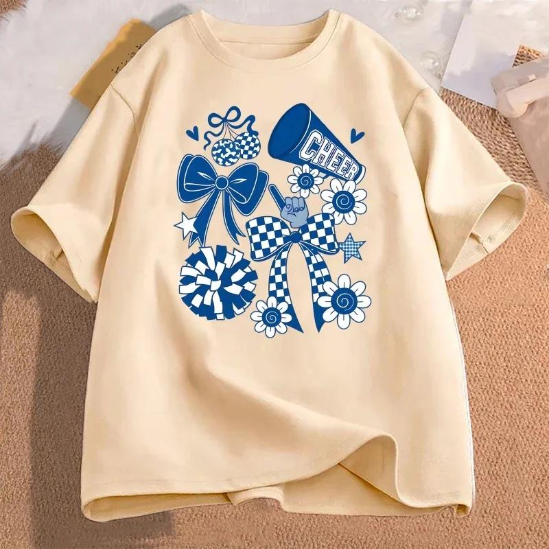

2025 New Preppy Cheerleader Coquette Tshirt Bleu Cheer Mom Tshirt Cheer Cute Bow Graphic Round Neck Casual Top Clothing S