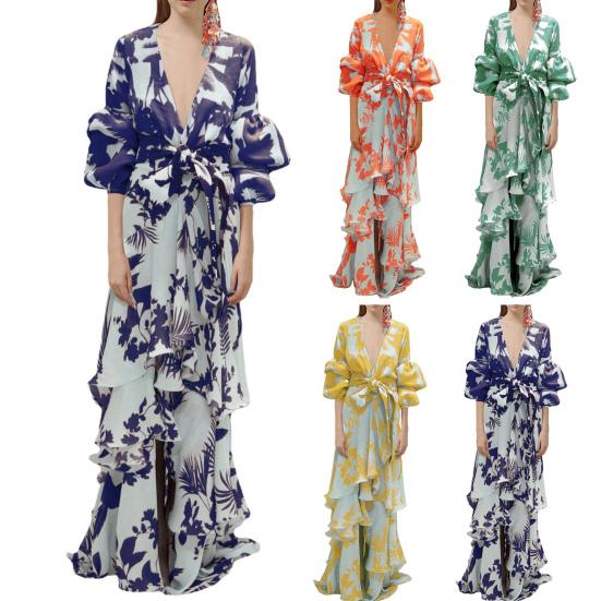 Long Dress Deep V Neck Lace-up Tight Waist Flowy Splicing Irregular Hem Ruffle