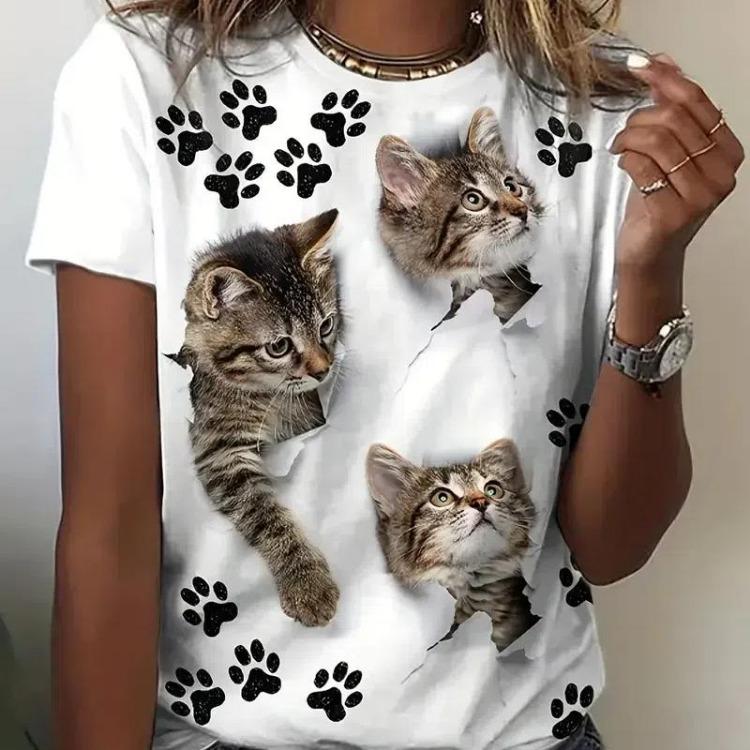 Plus Size Women's Casual Summer T-Shirt 3D Cat Print Loose Short Sleeve Crew Neck Tops Clothing