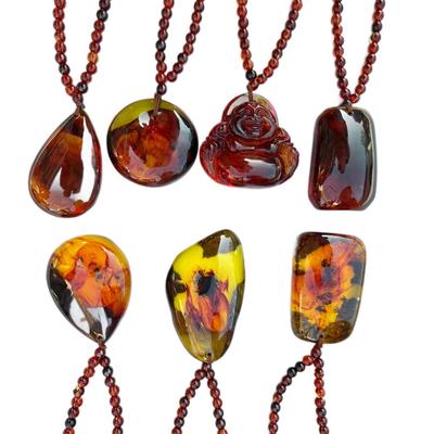 Amber-colored Vintage Amber Pendant Drop Necklace For Men And Women With Blood-red Pearls. Peaceful Charm Necklace In Ethnic Sweater Chain.