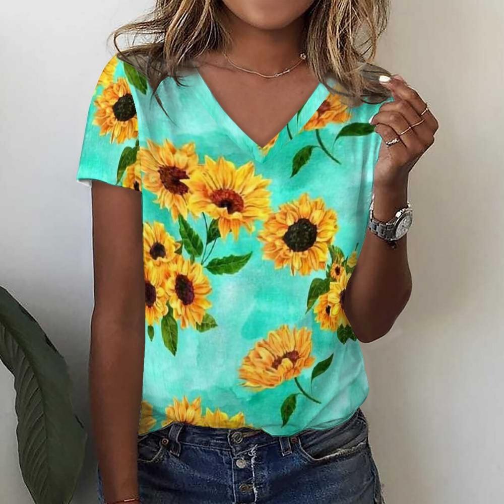 Fashion Sunflower Floral 3D Print Summer Women V-Neck  Harajuku Oversized Streetwear Y2k