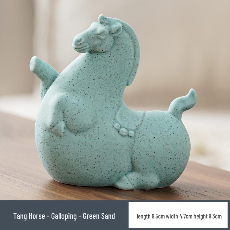 Modern Minimalist Ceramic Rocking Horse Ornament - Cute Green & Pink Tea Pet Decor for Home