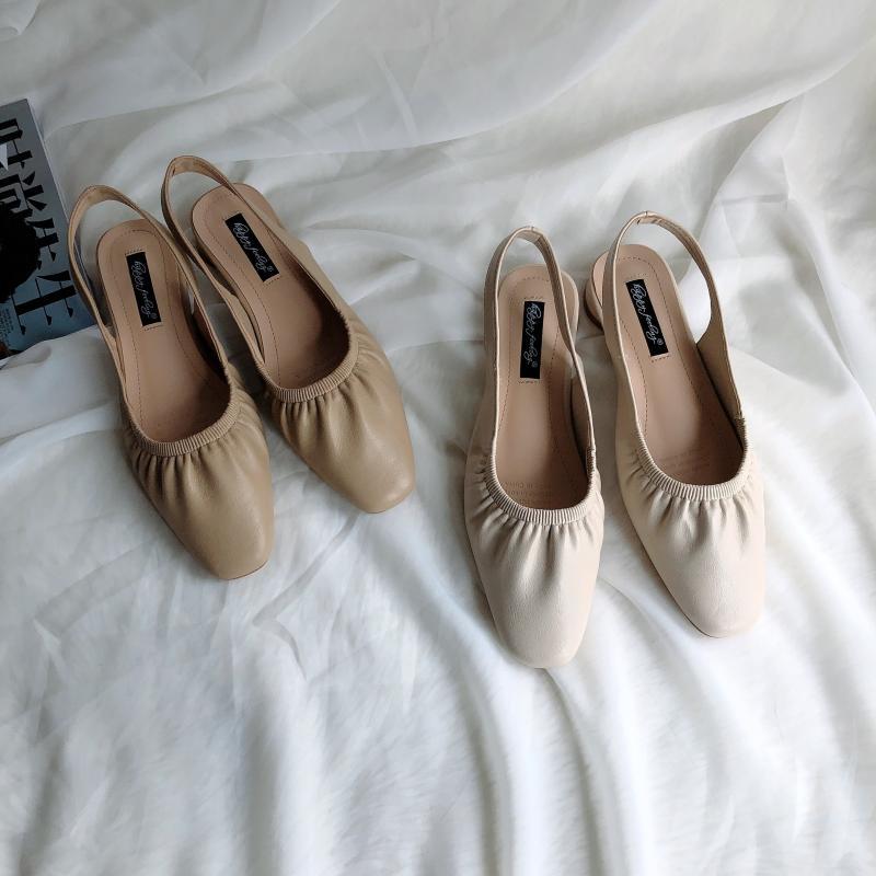 Fashion Designer Woman Pleated Slingback Sandals Solid Leather Round Low Heels Shoes Ladies Summer Rear Strap Flipflops Femmes Sandalias