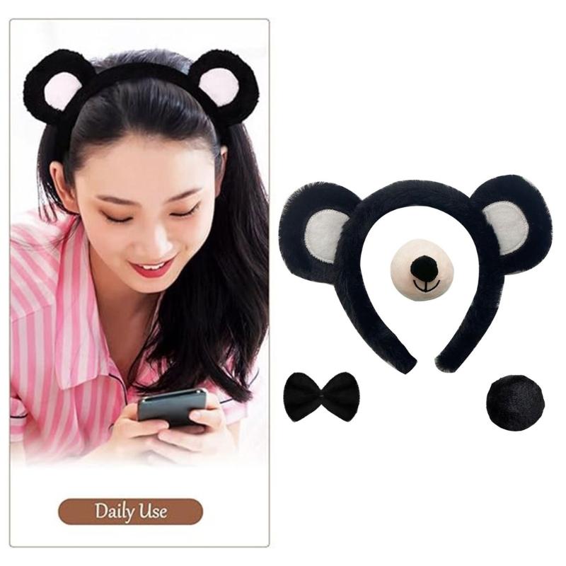 4Pcs Hair Hoops Set with Bear Themes Costume Headband Nose for Themed Performances Photography and Role Play Event