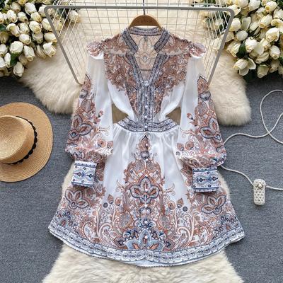 Frühling Herbst Kleider Frauen V-ausschnitt Laterne Lange Ärmel Floral Einreiher Hohe Taille Vintage Wunderschöne Party Mini Kleid Robe