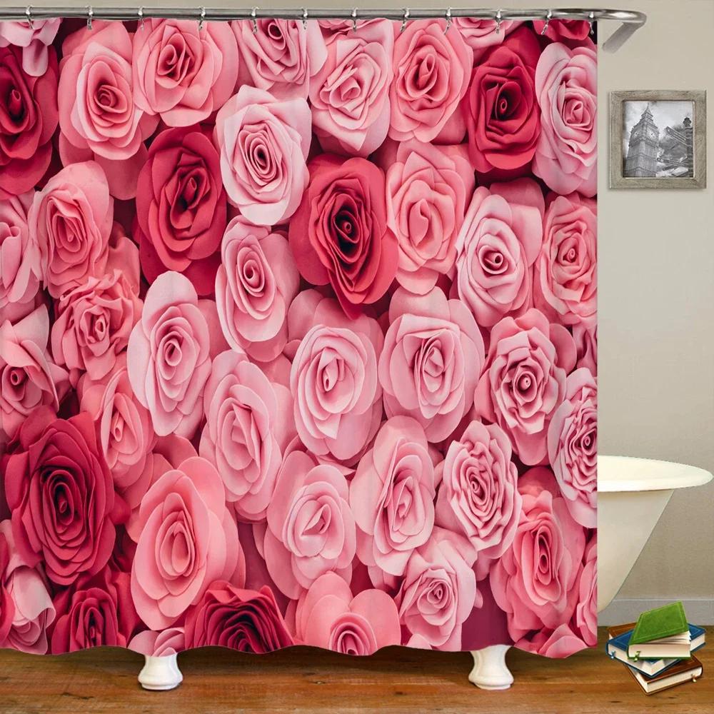 Romantic Rose Garden Print Water-resistant Shower Curtain with Lush Floral Design for Romantic and Serene Bathroom Decor