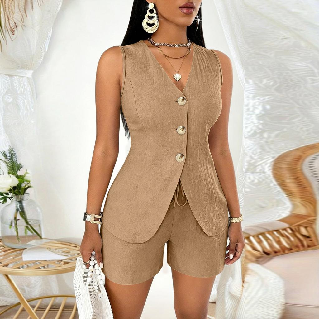 Women's Fashion Casual Summer Open Chest Tie Sleeveless Shirt -Quarter Pants Suit