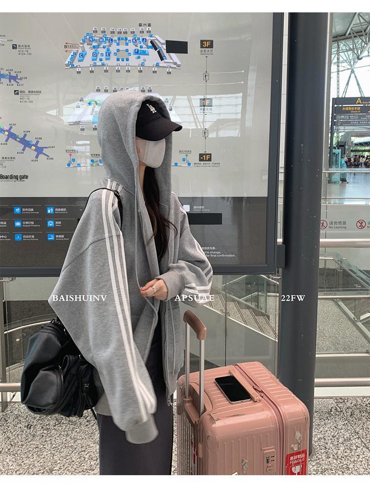 Cárdigan Sudadera Oversize Azul para Mujer, Estilo Coreano 2025, Diseño de Hombro Recto, Corte Holgado, Perfecto para Primavera y Otoño.