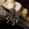 Female Color Block Long Earrings Colored Stonecut Copper Flowers Drop Green and Yellow Beads Retro.