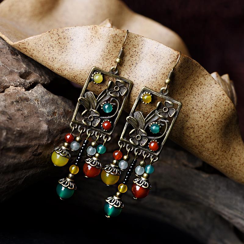 Female Color Block Long Earrings Colored Stonecut Copper Flowers Drop Green and Yellow Beads Retro.