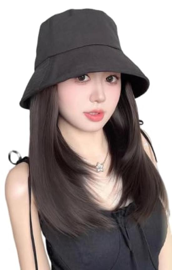 

infage Hat Bucket Hat with Hair Natural One Size Fits Easy to Bucket Partial Hair Medical Hair Extensions Wig, Extensions, Semi-Long, Cute, Hair, чёрный