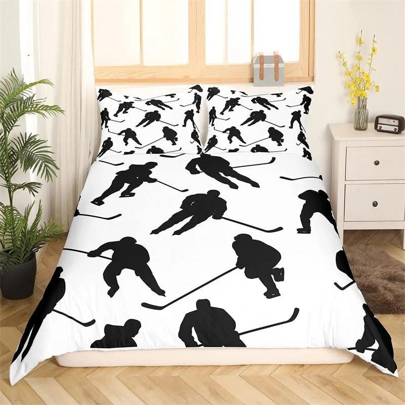 Ice Hockey Duvet Cover Black Polyester Bedding Set for Boys Winter Sports Game Quilt Cover Hockey Player Theme