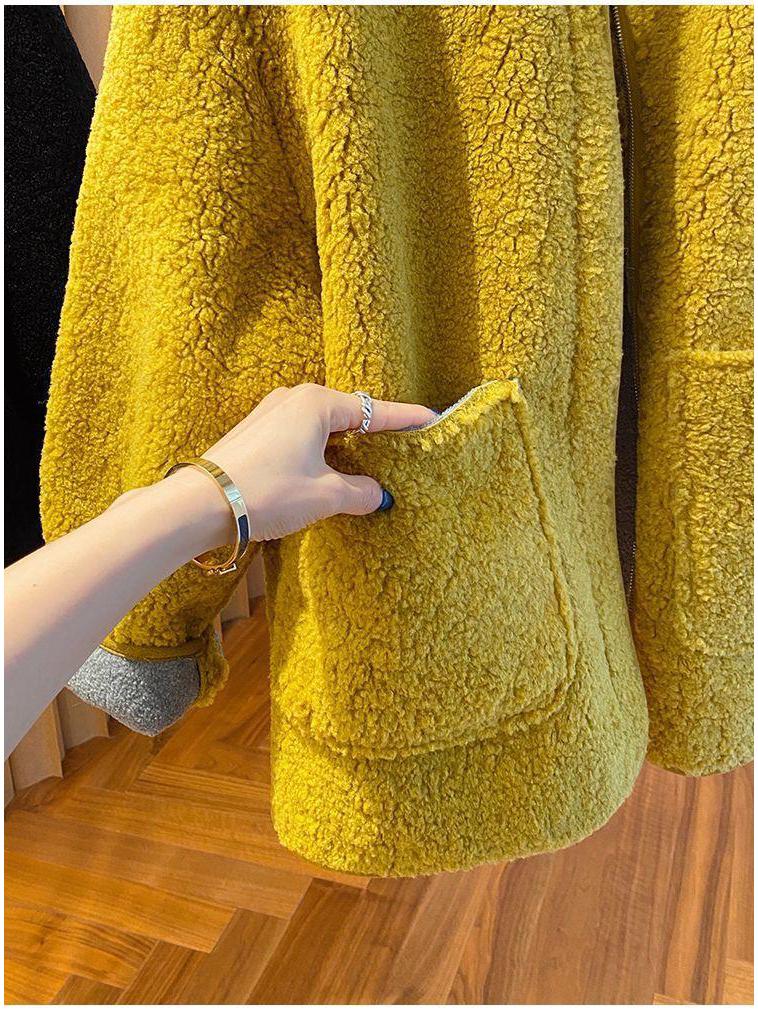 Women's Winter 2025 Soft Yellow Lambswool Coat - Loose, Thick, and Fluffy