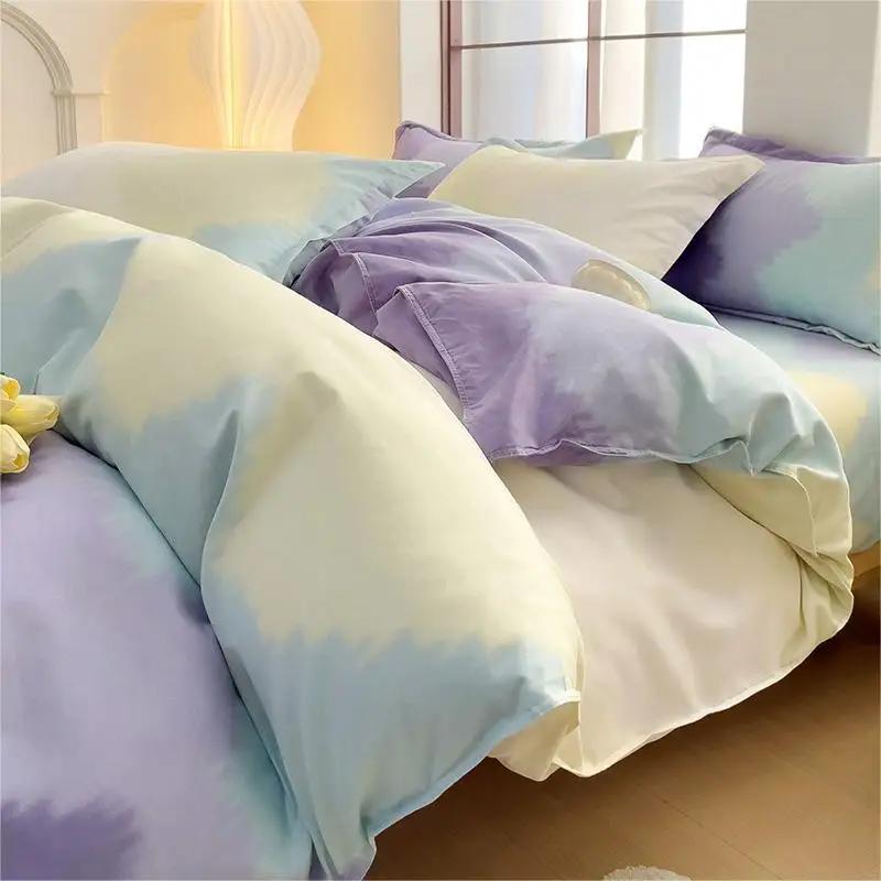 Skin-Friendly Twill Fabric Bed Sheet Four Piece Set Ab Double-Sided Color Blocking Bedding Sets Flower Printed Quilt Cover