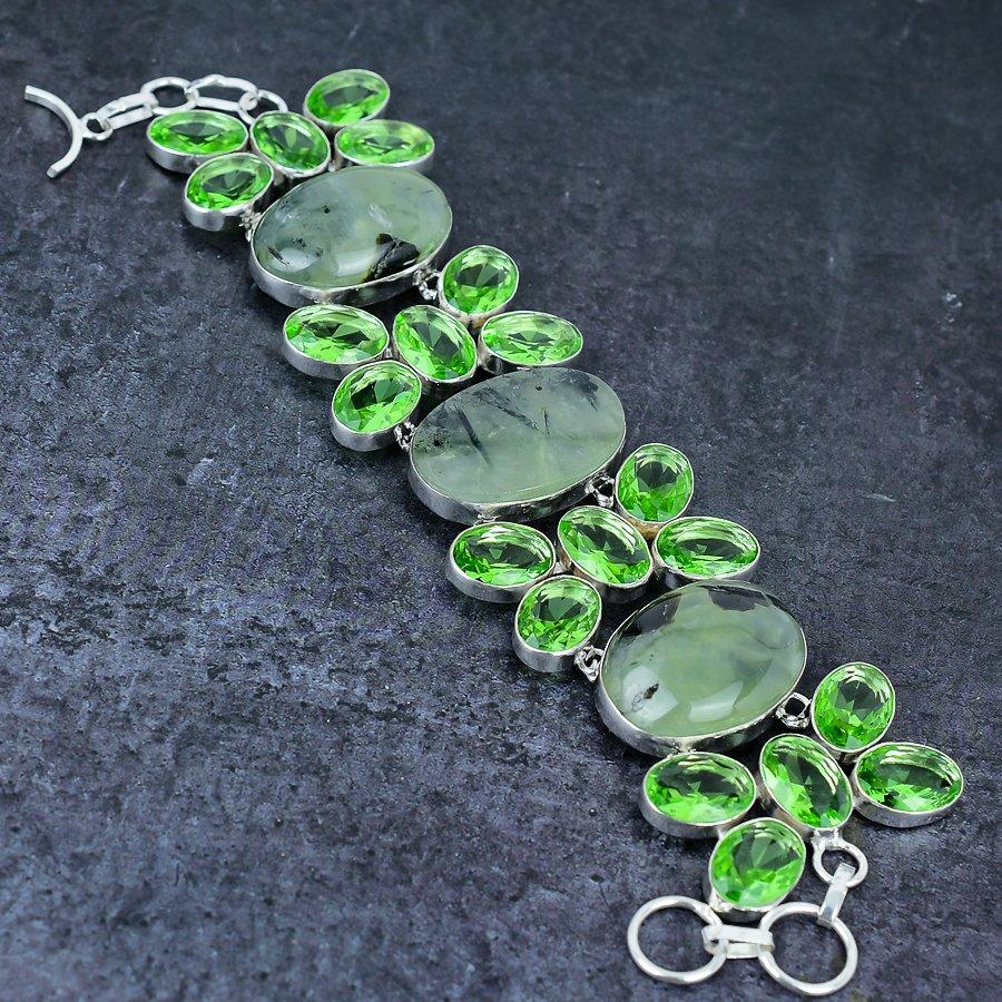Prehnit, Tsavorit Ručně vyráběný náramek ze sterlingového stříbra 925 7-8" A0M38