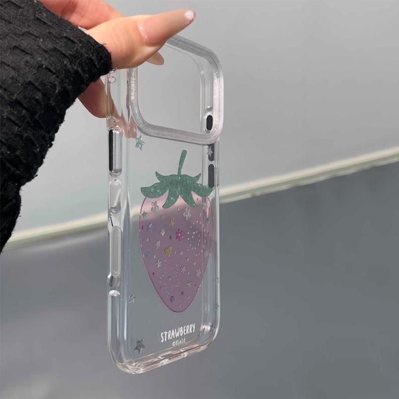 Glitter Shiny Pink Strawberry Hard Back Case For iPhone 13 14 15 16 17 Pro Max Ins Bling Stars Shockproof Phone Cover
