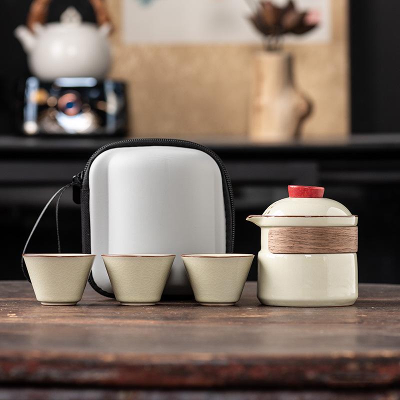Outdoor Portable One Pot Three Cups Kung Fu Brewing Teapot Teacup Ru Kiln Travel Tea Set Gift Set