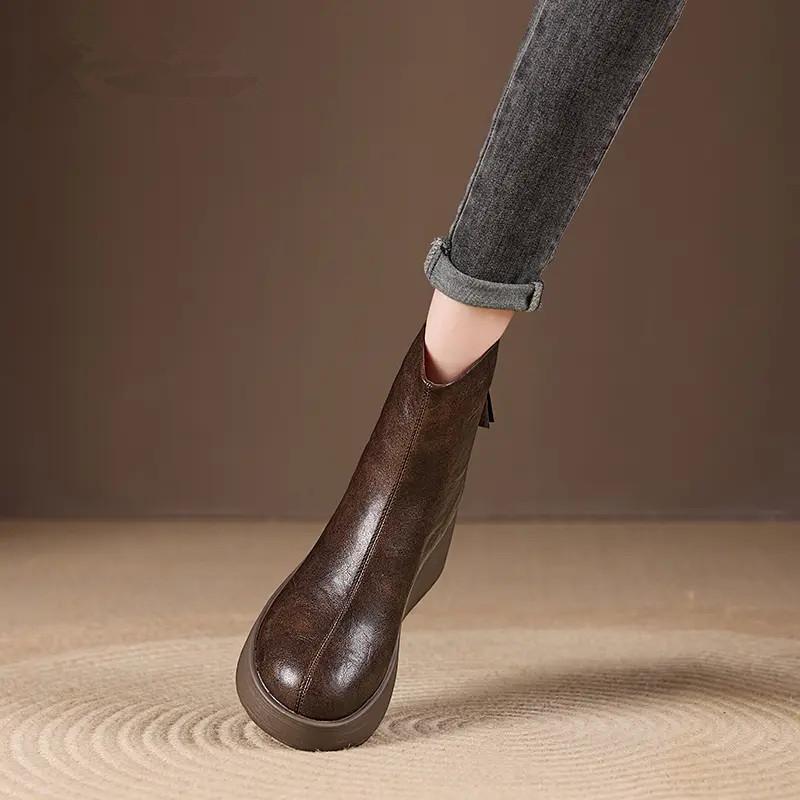 Back Zip Booties Fall New Round Toe Waterproof And Non-Slip Platform Wedge Shoes