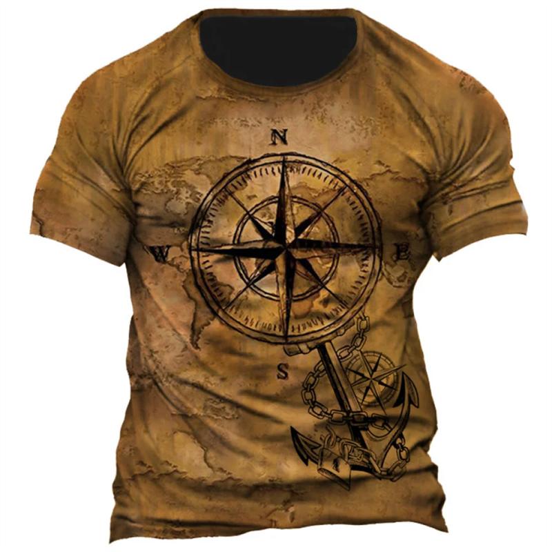 Vintage Compass Pattern T-Shirt For Men Navigation Map 3D Printed Tees Summer Fashion Casual Loose Street Tops O-Neck T Shirts