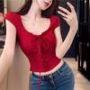 Temperament High Street Personality Chic Pure Desire Spice Girl Sexy Lace-up U-Neck Niche Design Sense Short Sleeve Slim T-Shirt Women's Summer