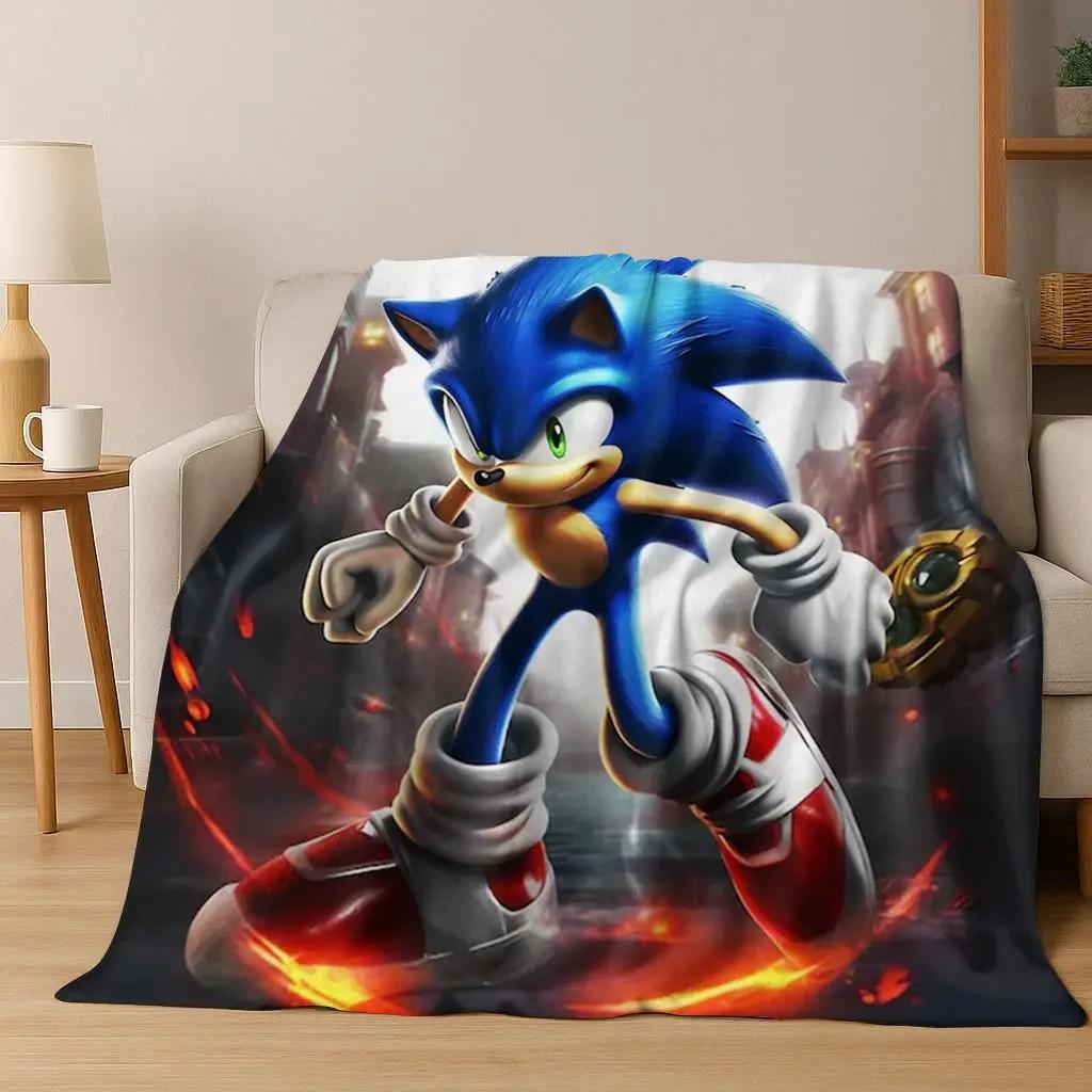 Classic S-Sonic Game Cartoon Hedgehog Flannel Blanket Soft Warm Throw Blanket for Bed Bedroom Room Living Room Travel Picnic Kid