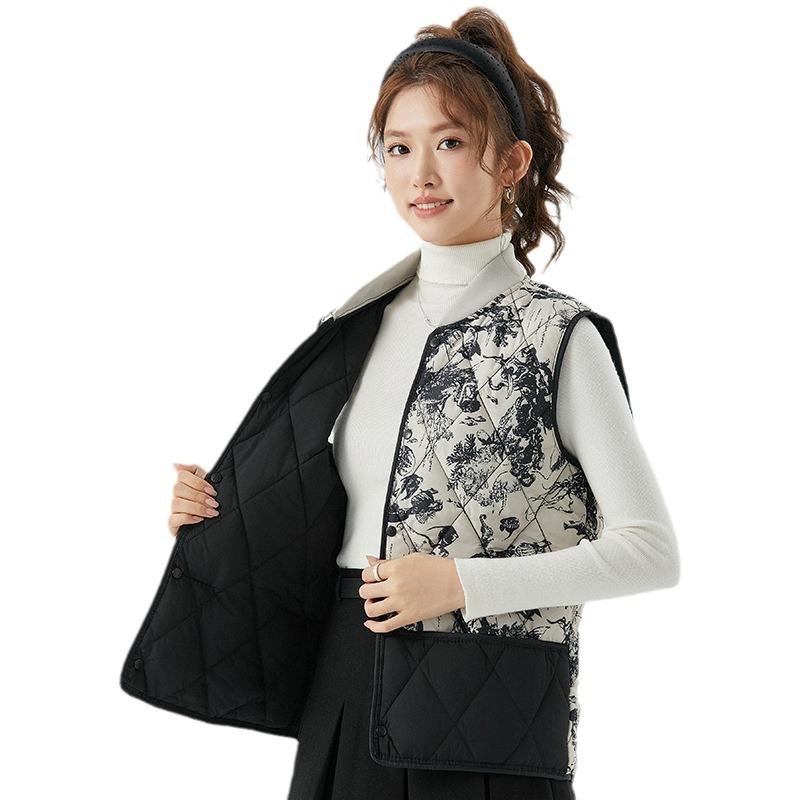 Women's Spring and Autumn Four Seasons Warmth Light Chinese Style Casual Threaded Collar Outside The Cotton Vest Fashionable and Warm