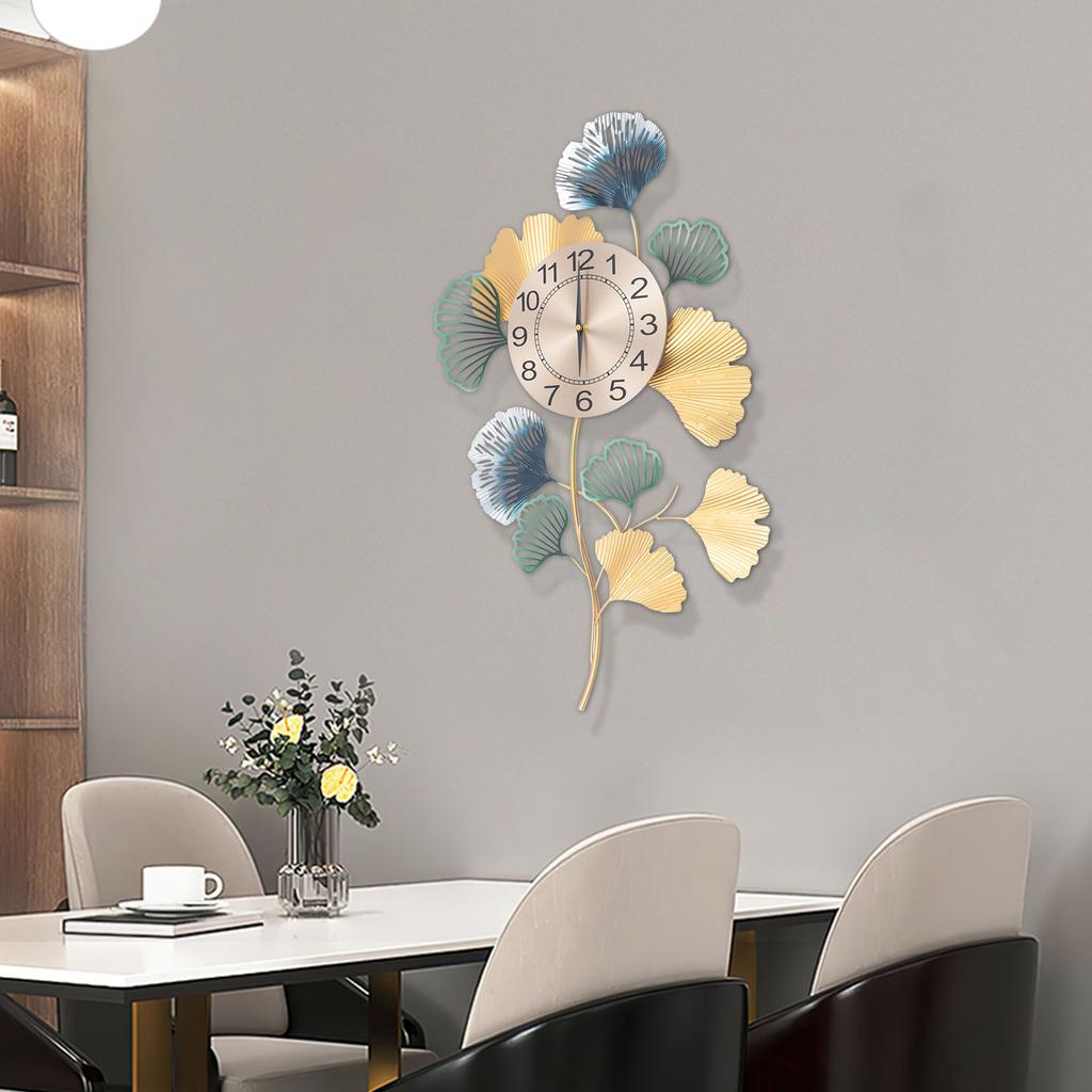 Ginkgo Leaf Wall Clock, Modern Metallic Finish, Large Battery Operated Silent Non-Ticking, 16x30 Inches, Farmhouse Kitchen Decor