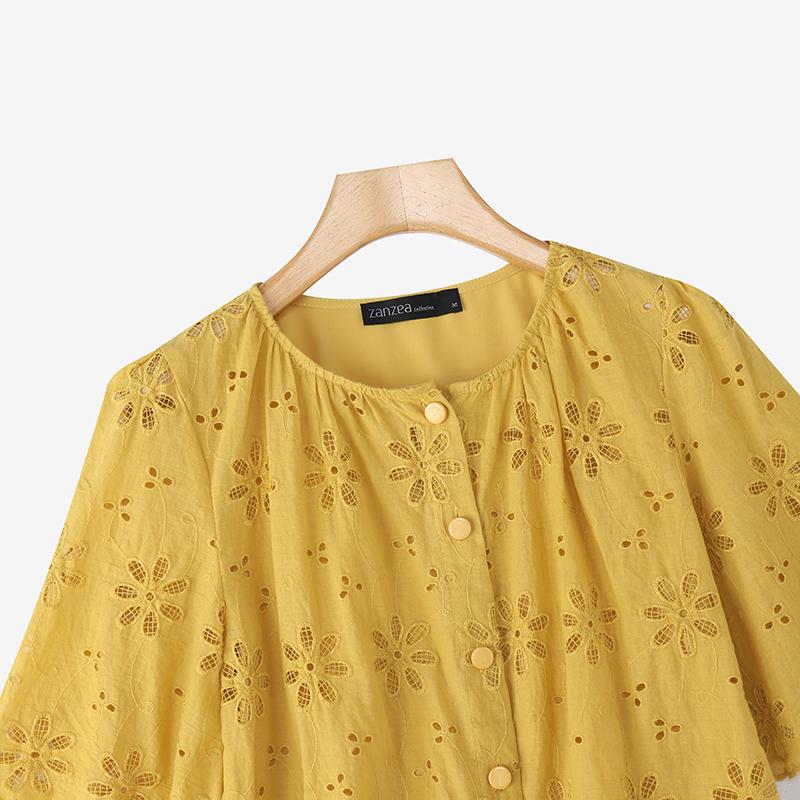ZANZEA Women Casual Round Neck Lace Crochet Patchwork Half Sleeve Blouse