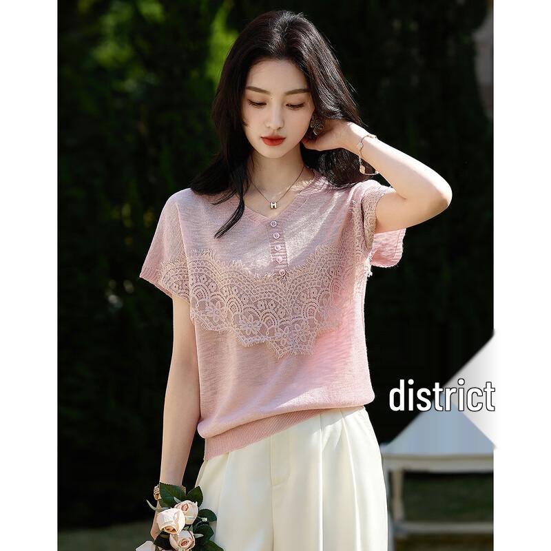 Demana French Lace V-Neck Slub Knit Top