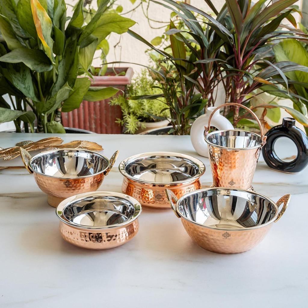 Steel Copper Serving Set Including 1 Bucket, 2 Handi, 2 Kadai, Serveware & Tableware Set, Set of 5, Polka Dot