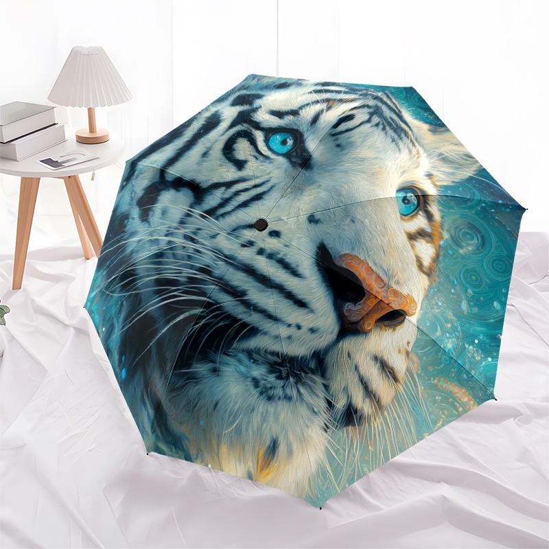 Tiger Head  Pattern, Automatic Folding Umbrella, Portable and Foldable Design, 8 Ribs, a Christmas or Birthday Gift.