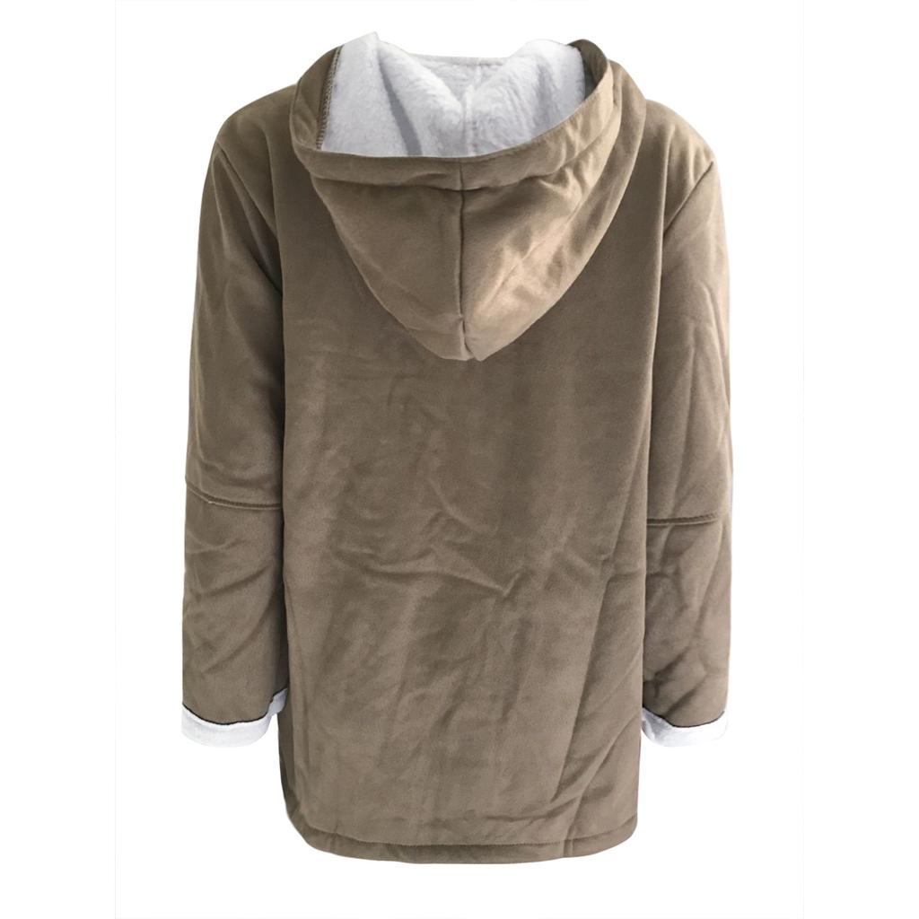 Jachetă de vânt lungă din piele intoarsa cu nasturi pentru dama Jacheta calda cu maneca lunga Manta cu gluga