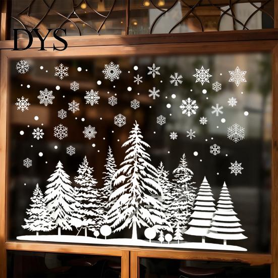 Versatile Adhesive Forest Patterns White Winter Window Static Sticker, Waterproof PVC Snow Scene Snowflake Clings for Glass Wall Decal, Silhouette Art
