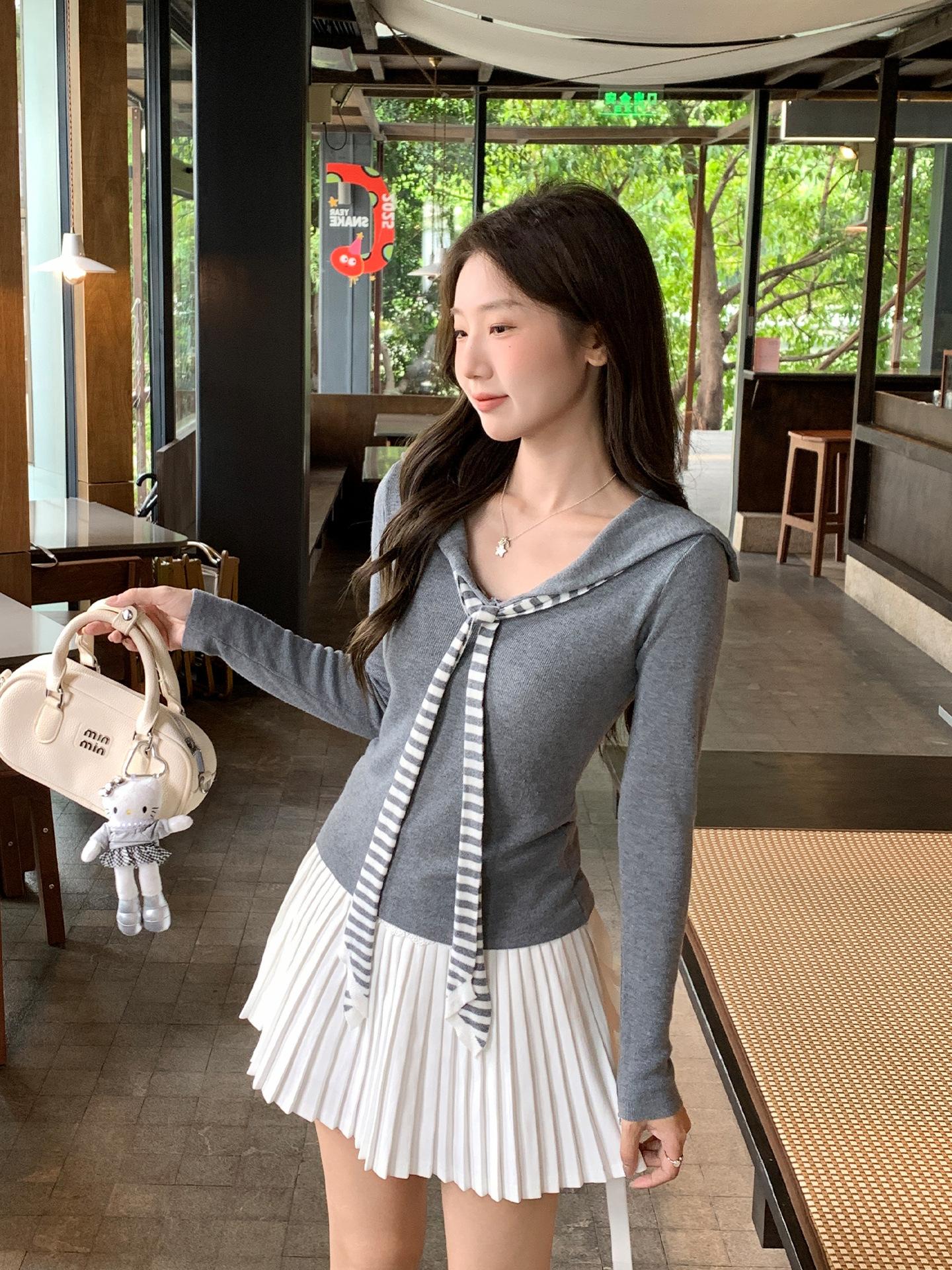 

College style striped navy collar splicing long-sleeved T-shirt with base and inner, autumn wear with Korean top, fake two women One size fits all серый