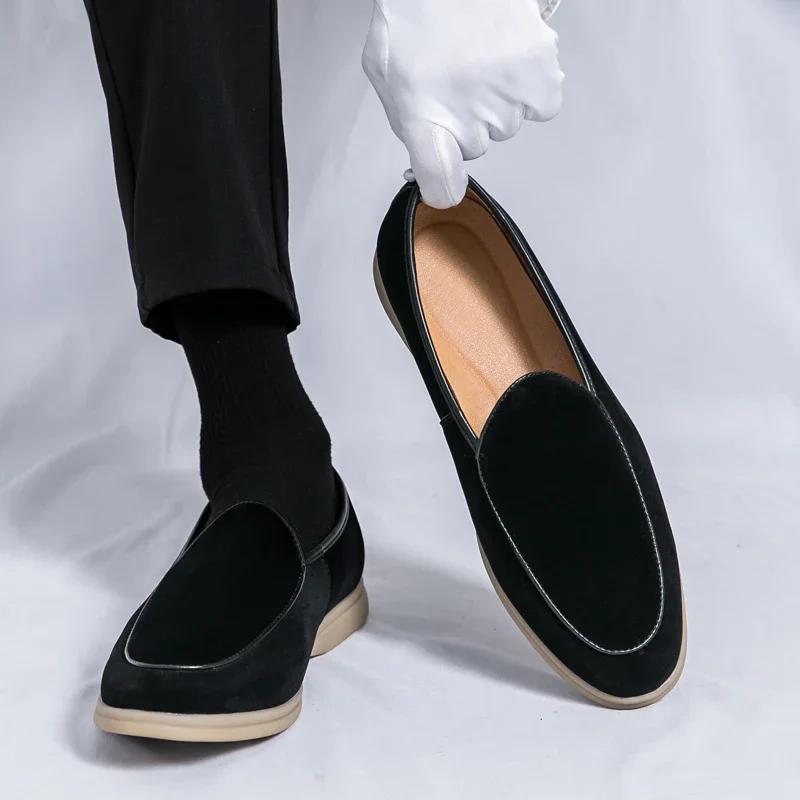 Spring and Autumn Suede Shallow Mouth Mens Loafers Flat Casual Shoes Luxury Brand Nubuck Leather Designer Mocasin Wedding Shoes