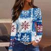 Women's Fashion Casual Slit Hem Round Neck Long Sleeve Loose Christmas Printed T-Shirt Ladies Top