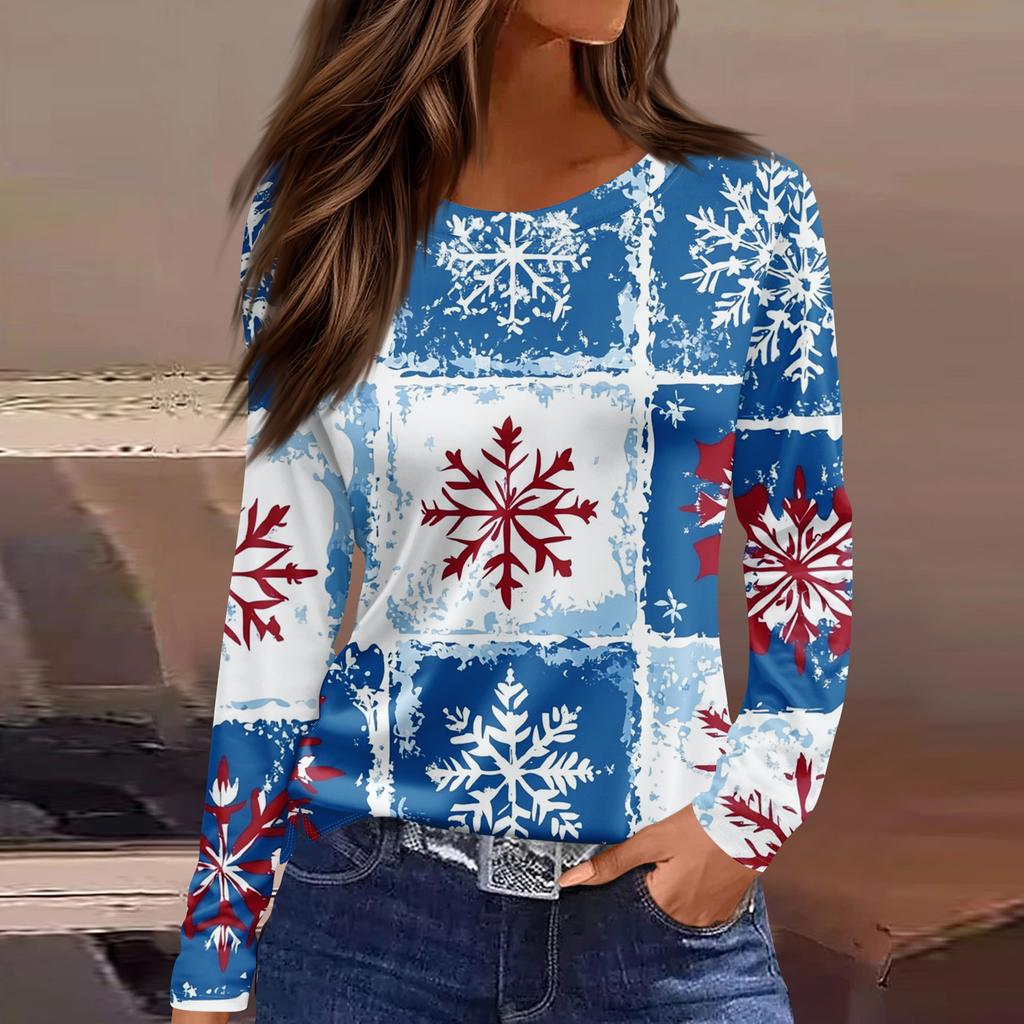 Women's Fashion Casual Slit Hem Round Neck Long Sleeve Loose Christmas Printed T-Shirt Ladies Top