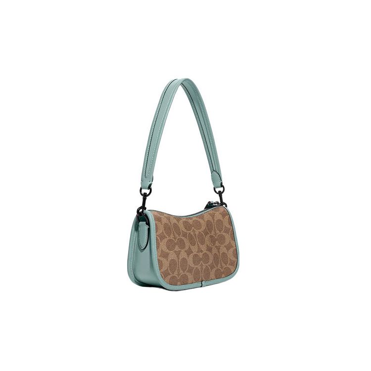 Coach Signature Monogram Canvas Light Blue Leather Hobo Shoulder Bag For Women Daily Use
